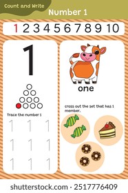 Preschool math worksheet counting 1 to 10 practice.