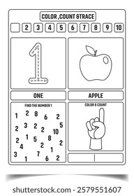 Preschool math worksheet counting 1 to 15 practice.