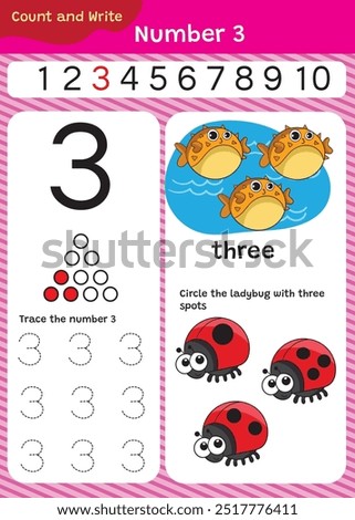 Preschool math worksheet counting 1 to 10 practice.