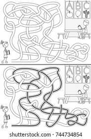 Preschool maze for kids with a solution in black and white