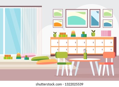 Preschool Modern Kindergarten Children Classroom With Desk Chairs And Playroom Decoration Colorful Furniture Empty No People Kid Room Interior Flat Horizontal