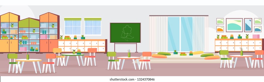 Preschool Modern Kindergarten Children Classroom With Chalkboard Desks Chairs And Playground Decoration Furniture Empty No People Kid Room Interior Flat Horizontal Banner