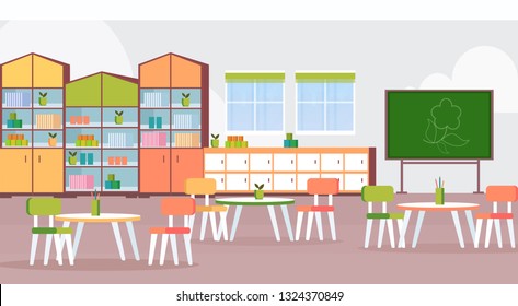 Preschool Modern Kindergarten Children Classroom With Chalkboard Desks And Chairs Decoration Furniture Empty No People Kid Room Interior Flat Horizontal