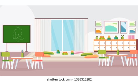 Preschool Modern Kindergarten Children Classroom With Chalkboard Desks Chairs And Playroom Decoration Furniture Empty No People Kid Room Interior Flat Horizontal