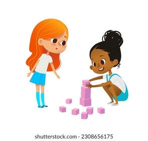 Preschool multicultural kids play with pink blocks build tower with pink cubes. Montessori materials concept. Vector illustration for poster, banner, website, flyer, advertisement.