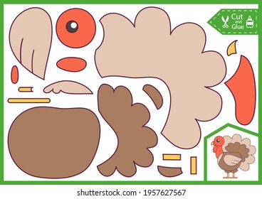 Preschool paper puzzle. Kids education cut and glue applique game. Template for child craft. Vector illustration of cute cartoon Turkey.