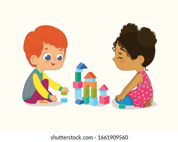 Preschool Red Hair Boy and African American Girl play with wooden bricks and blocks together. Kids build wooden blocks. Vector illustration isolated