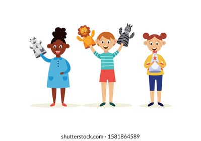 Preschool or school children with hands puppets cartoon characters, flat vector illustration isolated on white background. Childrens play or performance and creativity.