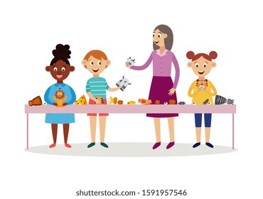 Preschool or school children with teacher cartoon characters making or playing hands puppets or fabric dolls, flat vector illustration isolated on white background.