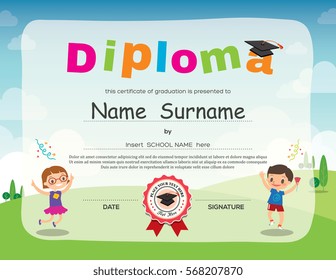 preschool school kids diploma certificate background design vector template