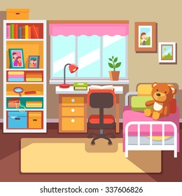 Preschool or school student girls room interior. Study desk at the window, Bookshelf with drawer boxes, some books and photo frames, bed with teddy bear. With Flat style vector illustration.