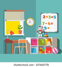 Preschool Or School Student Kid Room Interior. Study Desk At The Window, Storage Combination With Drawer Boxes, Some Toys Books And Robot. With Flat Style Vector Illustration.