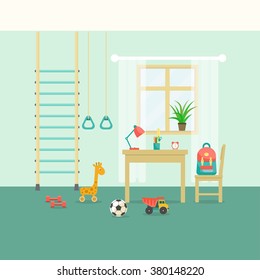 Preschool or school student kid room interior. Window, table and chair, toys and sports equipment.  Flat style vector illustration.