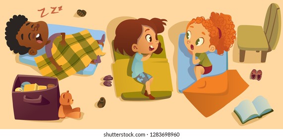 Preschool Sleep Time Baby Vector Illustration. Kindergarten Multiracial Children Bedtime, Girl Friend Gossip. African Little Boy Character Dream in Bed. Elementary Class Daily Schedule.