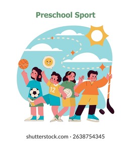 Preschool sport encourages physical activity through fun games. Children engage with various sports equipment, showcasing teamwork and energy. This illustration embodies joyful movement in a preschool