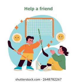Preschool sports activity encourages teamwork and friendship. Children engage in hockey, promoting cooperation while helping each other. Playful moments highlight joy and camaraderie in sports. Vector