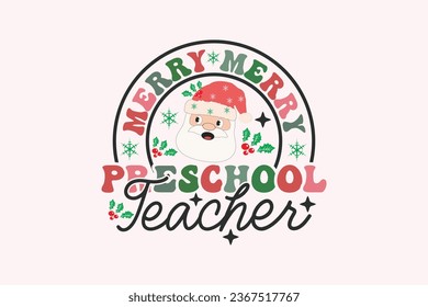 Preschool Teacher Christmas Retro Typography T-shirt design