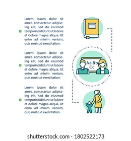 Preschool teacher concept icon with text. Early childhood education. Daycare and schooling. PPT page vector template. Brochure, magazine, booklet design element with linear illustrations