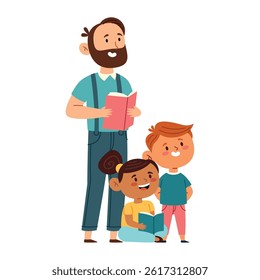 Preschool Teacher Male Reading Book With Children Group School Class Education Learning Cartoon Character