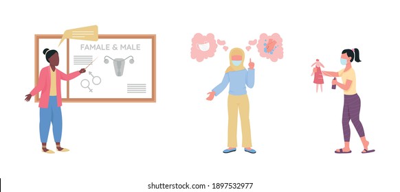 Preschool teachers during pandemic flat color vector faceless characters set. New normal. Kindergarten class isolated cartoon illustration for web graphic design and animation collection