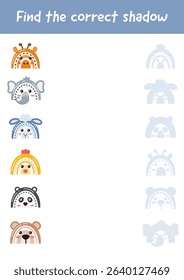 Preschool worksheet activity, logical games for kids, skill play puzzle, educational material for kindergarten, homeschooling, activity page. Find the correct shadow for each object. Fine motor skills