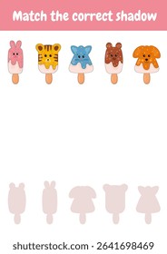 Preschool worksheet activity, logical games for kids, skill play puzzle, educational material for kindergarten, homeschooling, activity page. Find the correct shadow for each object. Fine motor skills