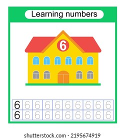 Preschool worksheet activity. Tracing dashed lines. Number worksheets for kids to practice writing the numbers. Number 6. Vector illustration. 
