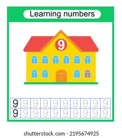 Preschool worksheet activity. Tracing dashed lines. Number worksheets for kids to practice writing the numbers. Number 9. Vector illustration. 