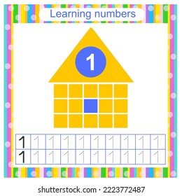 Preschool worksheet activity. Tracing dashed lines. Number worksheets for kids to practice writing the numbers. Number 1. Vector illustration. Flat design.