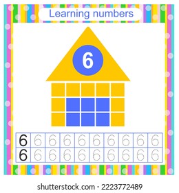 Preschool worksheet activity. Tracing dashed lines. Number worksheets for kids to practice writing the numbers. Number 6. Vector illustration. Flat design.