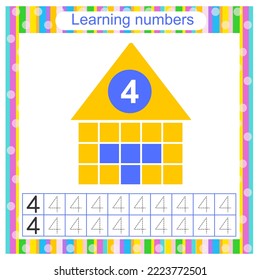 Preschool worksheet activity. Tracing dashed lines. Number worksheets for kids to practice writing the numbers. Number 4. Vector illustration. Flat design.