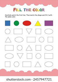 Preschool worksheet for kids. This worksheet is all about matching and coloring. Look at the shapes on the first line. Then, find the same shapes below and color them with the matching color. 