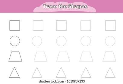 Preschool worksheet for kids. tracing shapes writing practice.Square, circle, trapezoid, triangle.