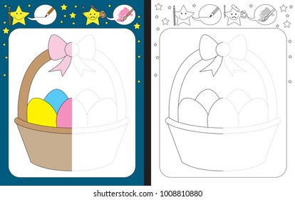Preschool worksheet for practicing fine motor skills - tracing dashed lines - finish the illustration of Easter basket