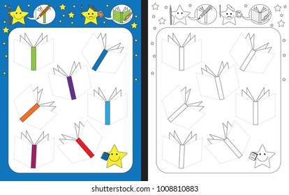 Preschool worksheet for practicing fine motor skills - tracing dashed lines of book covers