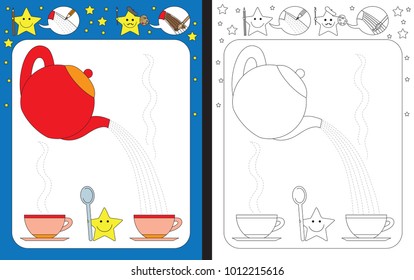 Preschool worksheet for practicing fine motor skills - tracing dashed lines of tea from teapot to cup
