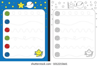 Preschool worksheet for practicing fine motor skills - tracing dashed lines of wool threads