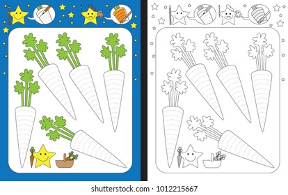 Preschool worksheet for practicing fine motor skills - tracing dashed lines of carrots