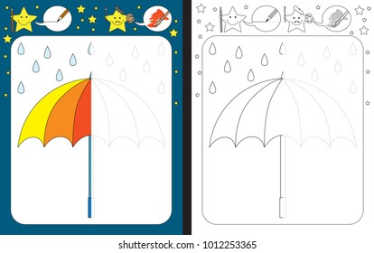 Preschool worksheet for practicing fine motor skills - tracing dashed lines - finish the illustration of an umbrella