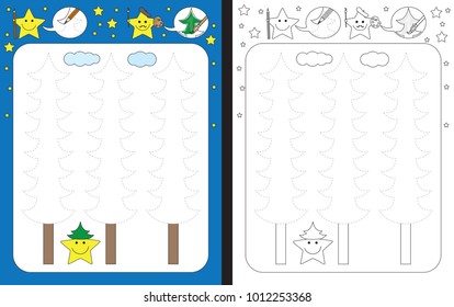 Preschool worksheet for practicing fine motor skills - tracing dashed lines of pine trees