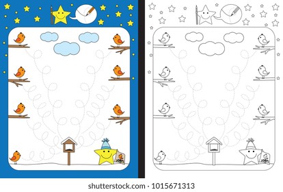 Preschool worksheet for practicing fine motor skills - tracing dashed lines from birds to seeds
