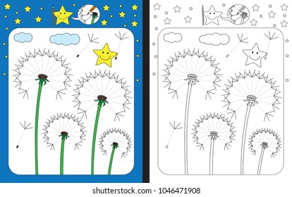 Preschool worksheet for practicing fine motor skills - tracing dashed lines of dandelion seeds