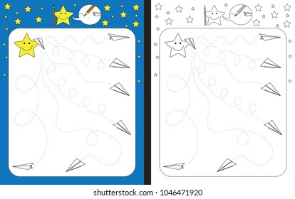 Preschool worksheet for practicing fine motor skills - tracing dashed lines of paper planes trails