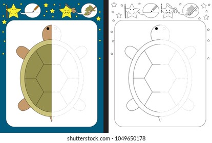 Preschool worksheet for practicing fine motor skills - tracing dashed lines - finish the illustration of a tortoise