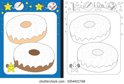 Preschool worksheet for practicing fine motor skills - tracing dashed lines of sprinkles on doughnuts