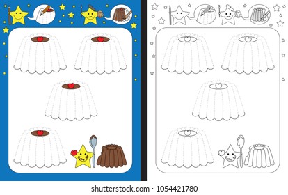 Preschool worksheet for practicing fine motor skills - tracing dashed lines of chocolate puddings