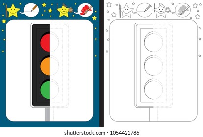 Preschool worksheet for practicing fine motor skills - tracing dashed lines - finish the illustration of traffic light