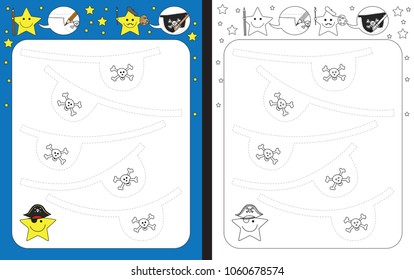 Preschool worksheet for practicing fine motor skills - tracing dashed lines of pirate eye patches
