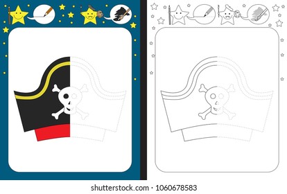 Hoja de cálculo preescolar para la práctica de buenas habilidades motoras - trazar líneas discontinuas - terminar la ilustración de sombrero pirata