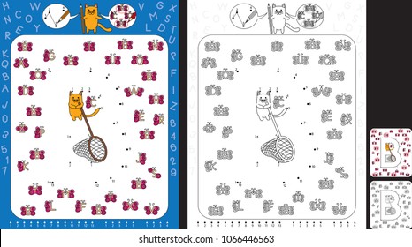 Preschool worksheet for practicing fine motor skills and recognising numbers and letters - connect the dots by number - circle all butterflies with letter B